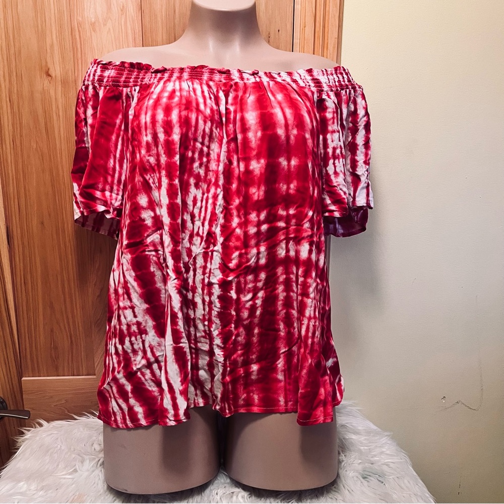 Red Tie Dye Off Shoulder Plus Size Tee